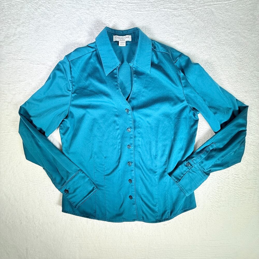 Vtg Coldwater Creek Teal Blouse Long Sleeve Botton down Teal PS 6-8‎ No Iron Y2K